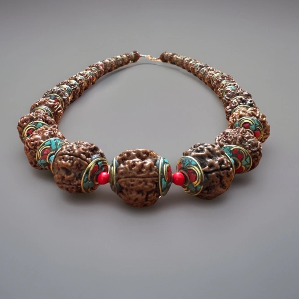Vintage Rudraksha Yoga Necklace Capped With Bronze Inlay Turquoise & Coral 35”in - Picture 4 of 10